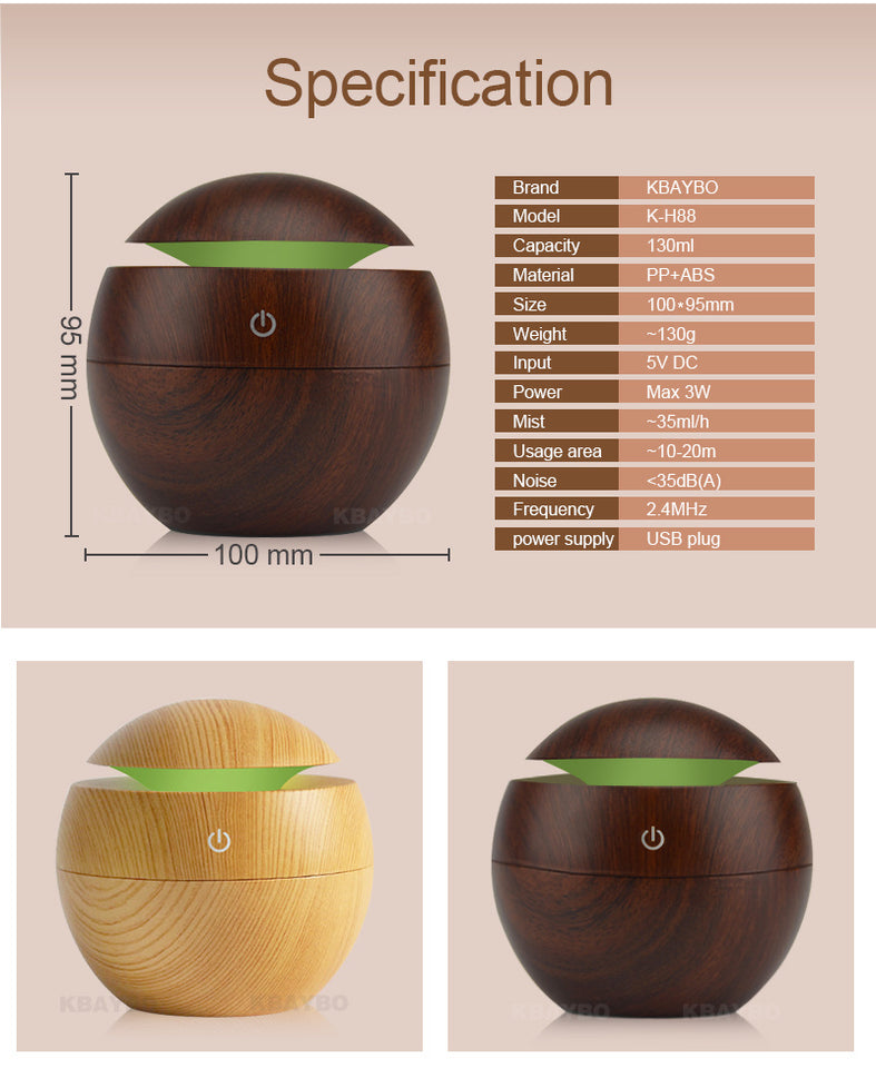 Rasmun USB Ultrasonic Essential Oil Diffuser & Humidifier – 130ml Air Purifier with 7-Color LED Night Light for Home, Office, Baby Room