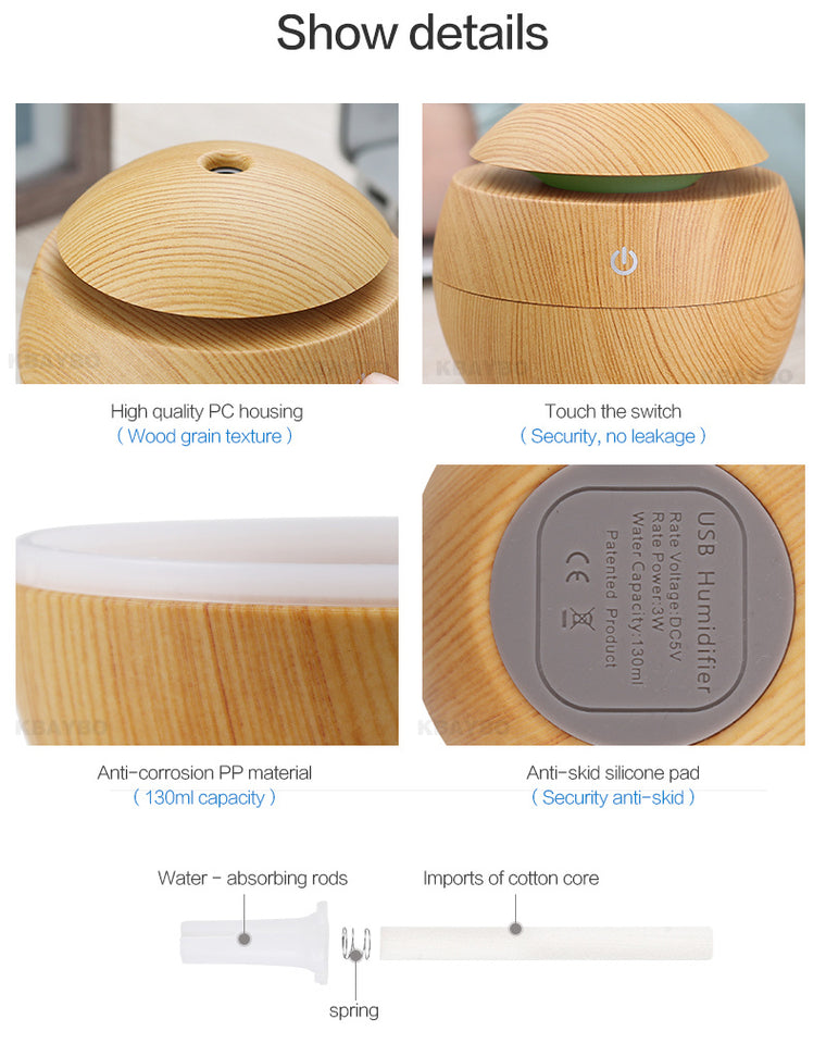 Rasmun USB Ultrasonic Essential Oil Diffuser & Humidifier – 130ml Air Purifier with 7-Color LED Night Light for Home, Office, Baby Room
