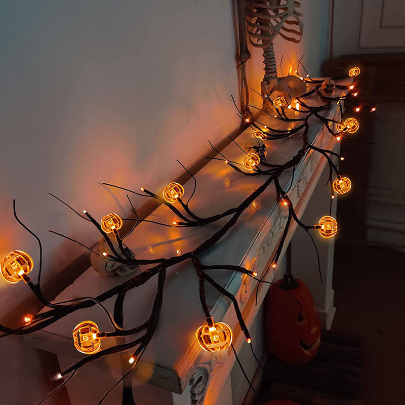 Rasmun Halloween LED Willow Vine String Lights – Cartoon Bat & Pumpkin Decoration for Indoor & Outdoor Party Decor