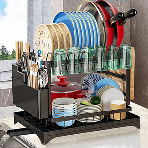 Rasmun 2-Tier Dish Drying Rack – Rustproof Kitchen Dish Rack with Drainboard & Utensil Holder for Countertop Organization