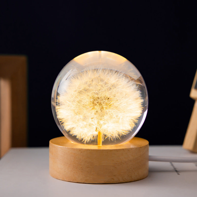 Rasmun 3D Dandelion Crystal Ball Night Light – Luminous Flower Sphere with Beech Wood Base, Desktop Ornament for Birthday & Christmas Gift
