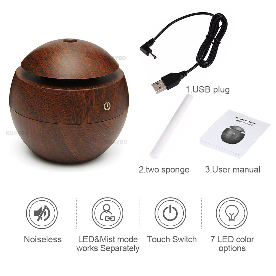 Rasmun USB Ultrasonic Essential Oil Diffuser & Humidifier – 130ml Air Purifier with 7-Color LED Night Light for Home, Office, Baby Room