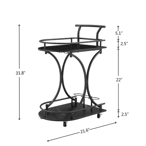 Rasmun 2-Tier Bar Cart – Rolling Black Wine Cart with Rack & Glass Holder