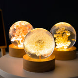 Rasmun 3D Dandelion Crystal Ball Night Light – Luminous Flower Sphere with Beech Wood Base, Desktop Ornament for Birthday & Christmas Gift