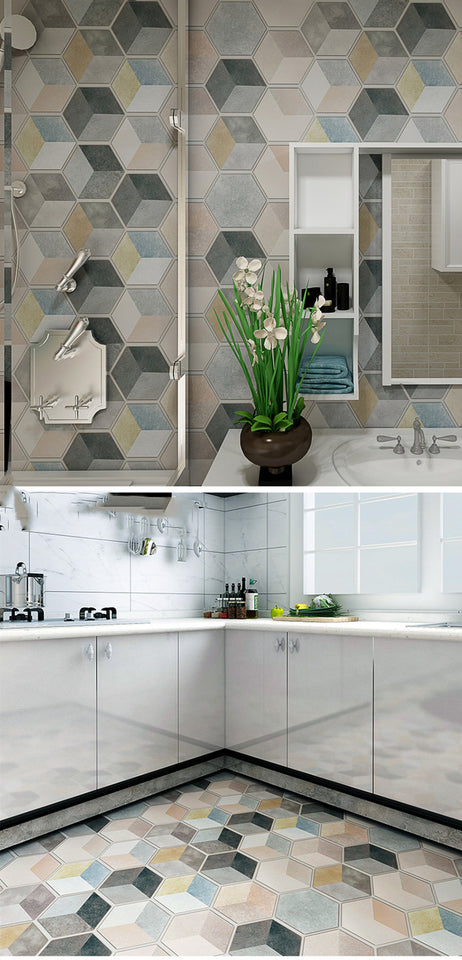 Rasmun Self-Adhesive Waterproof 3D Hexagon Wall Sticker – Peel and Stick PVC Wallpaper for Kitchen, Bathroom, Floor & Wall Décor, 60x100cm Sheet