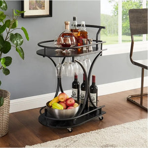 Rasmun 2-Tier Bar Cart – Rolling Black Wine Cart with Rack & Glass Holder