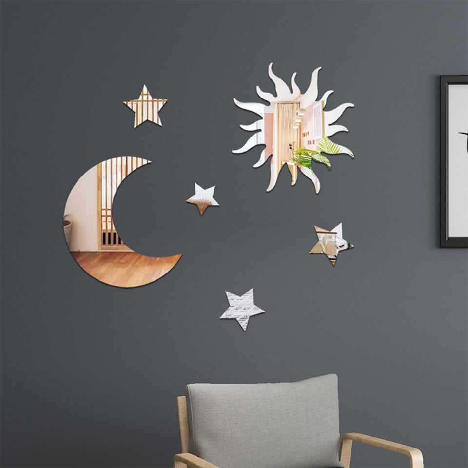 Rasmun Star Moon Mirror Wall Stickers – 3D DIY Acrylic Self-Adhesive Modern Decor in Silver, Gold, or Black
