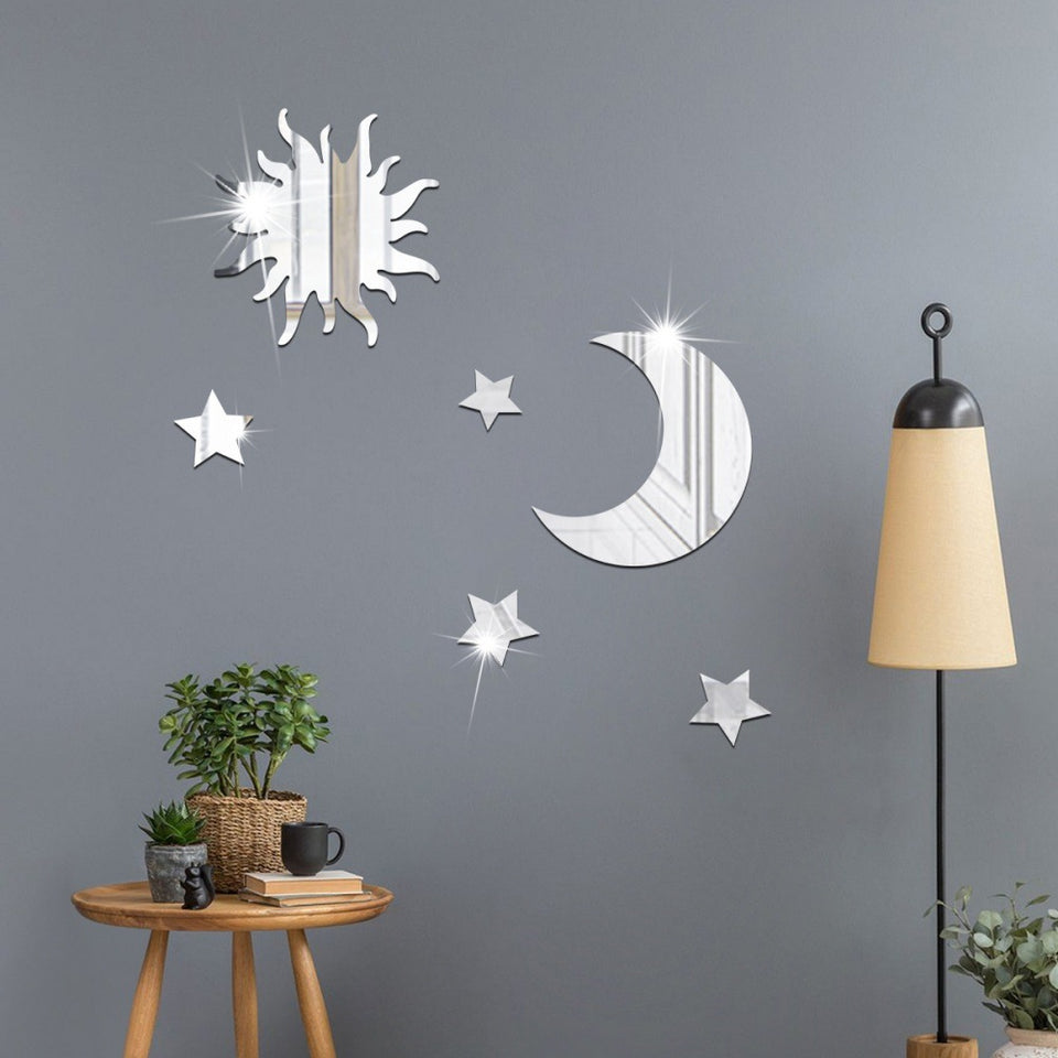 Rasmun Star Moon Mirror Wall Stickers – 3D DIY Acrylic Self-Adhesive Modern Decor in Silver, Gold, or Black