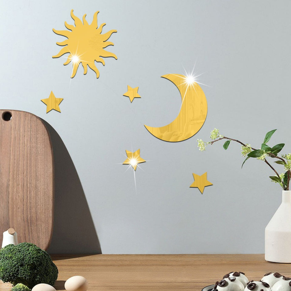 Rasmun Star Moon Mirror Wall Stickers – 3D DIY Acrylic Self-Adhesive Modern Decor in Silver, Gold, or Black