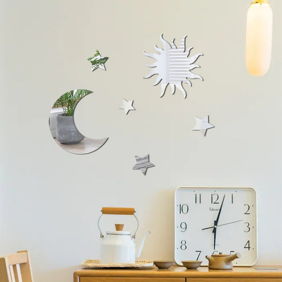 Rasmun Star Moon Mirror Wall Stickers – 3D DIY Acrylic Self-Adhesive Modern Decor in Silver, Gold, or Black