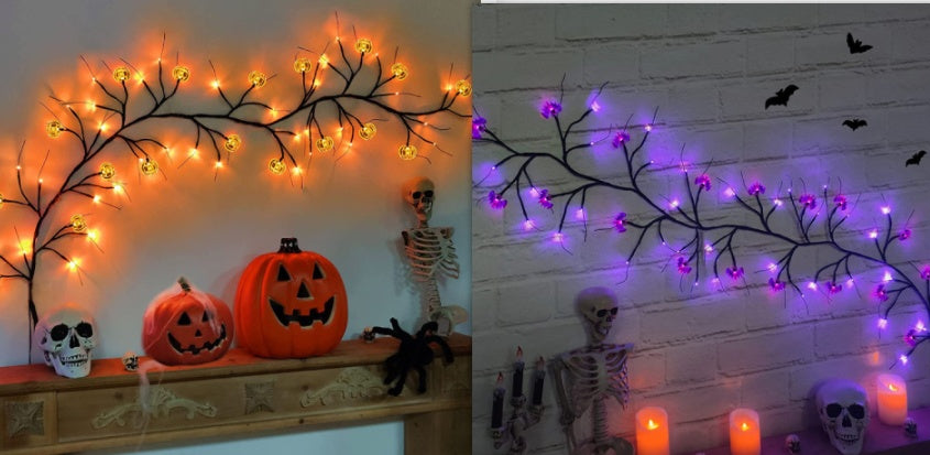 Rasmun Halloween LED Willow Vine String Lights – Cartoon Bat & Pumpkin Decoration for Indoor & Outdoor Party Decor