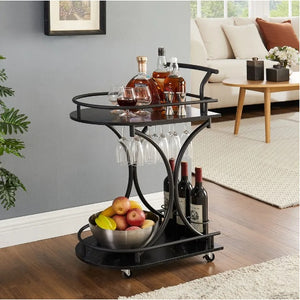 Rasmun 2-Tier Bar Cart – Rolling Black Wine Cart with Rack & Glass Holder