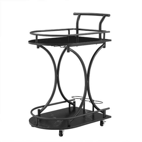 Rasmun 2-Tier Bar Cart – Rolling Black Wine Cart with Rack & Glass Holder