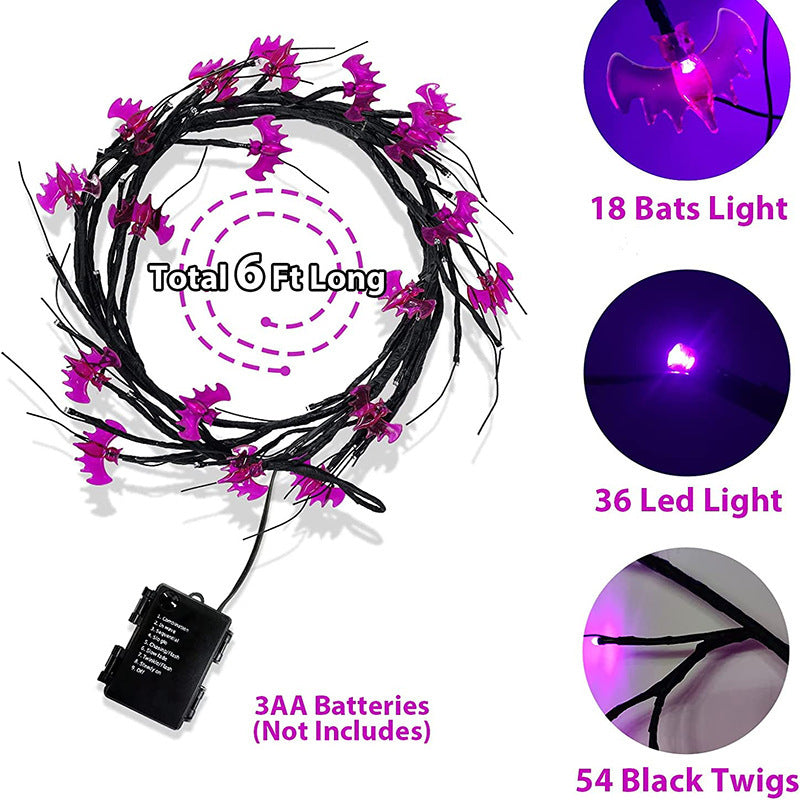 Rasmun Halloween LED Willow Vine String Lights – Cartoon Bat & Pumpkin Decoration for Indoor & Outdoor Party Decor